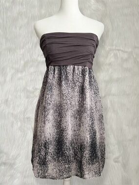 Lush Gray Strapless Above Knee Dress With Ruched Bust & Flowy Mesh Printed Skirt